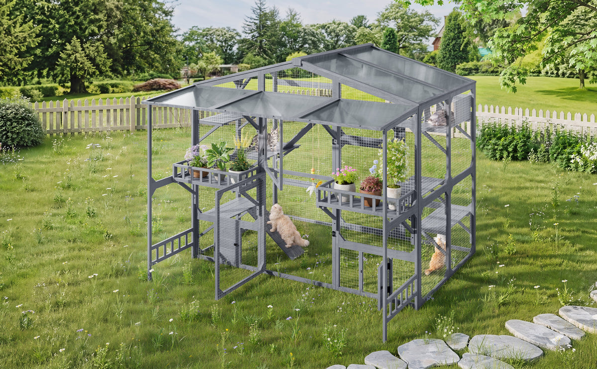 Large Outdoor Catio for 6-10 Cats, Pine Wood Cat Cage Outdoor with Weatherproof Roof, 6 Platforms, Climbing Ramp, 1 Resting Box and Cat Scratching Post, Outdoor Cat House with Storage Shelves, Grey