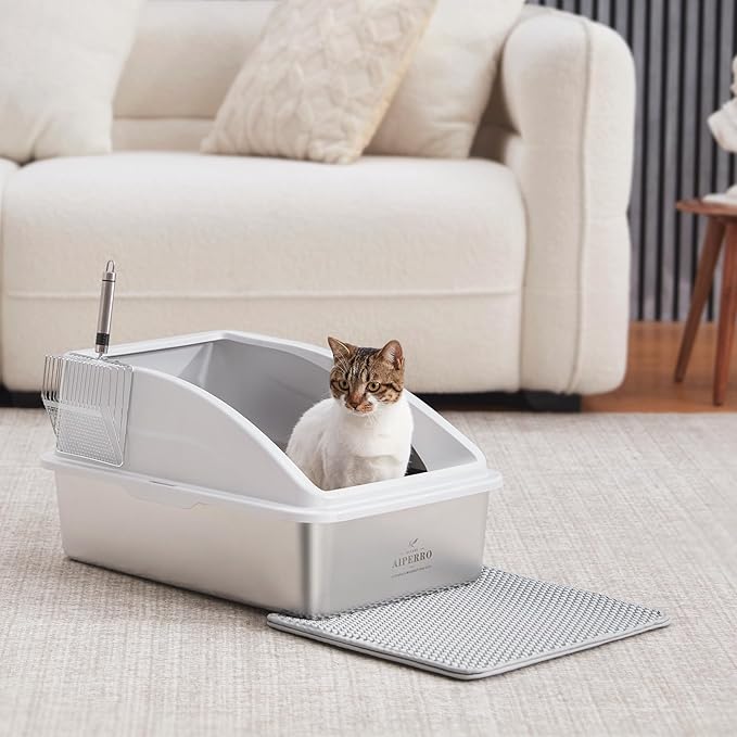 Stainless Steel Litter Box | XL Enclosed Cat Litter Boxes with Lid for Big Cats | High Sided, Anti-Urine Leakage | Non-Stick Bottom & Includes Litter Mat & Metal Scoop