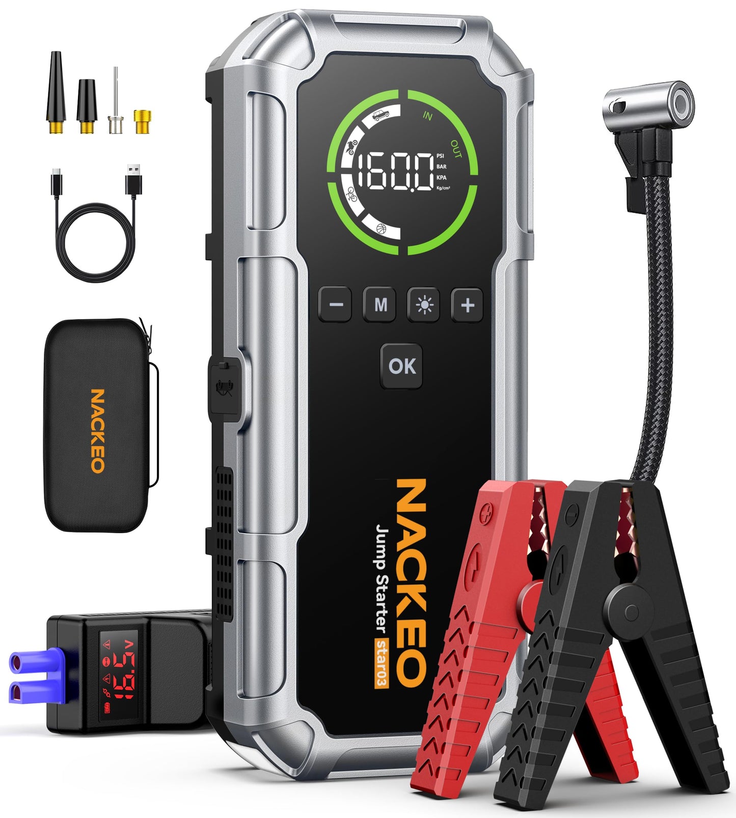 NACKEO Car Battery Jump Starter with Air Compressor 8000A 160PSI, Car Jumper Starter Portable (All Gas/10L Diesel), Jump Starter