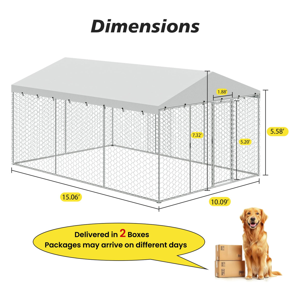 15x10 FT Large Outdoor Dog Kennel with Canopy, Heavy Duty Galvanized Steel Frame, Waterproof Cover, All-Weather Protection, Escape-Proof Lockable Pet Playpen for Large Dogs, Multiple Animals.
