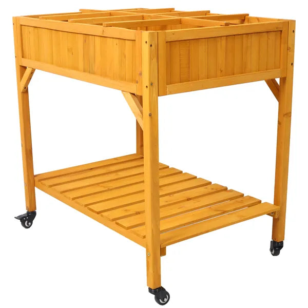 Elevated 8 Pocket Herb Garden Bed, Mobile Raised Customizable Wood Planter For Herbs, Vegetables, Flowers W/ Lockable Wheels, Storage Shelf, Drainage Holes