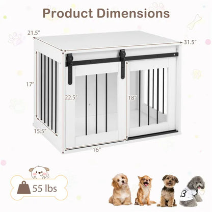 31.5" Dog Crate Furniture With Sliding Barn Door, Wooden Dog Kennel End Table For Indoor Use - White