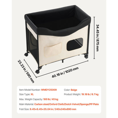 Elevated Lounge Dog Bed XL, Foldable Raised Dog Bed Cot For Large Dogs & Cats, Portable Pet Bed With Wheels, 600D Oxford Cloth & Dutch Velvet Cushion, Indoor & Outdoor Dog Bed With Side Storage Bags,