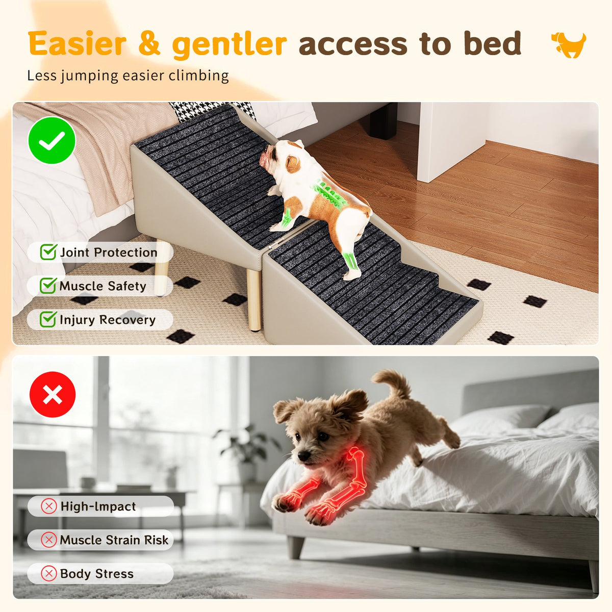 Dog Ramp for Bed & Couch, Dog Stairs 22.83 inches High for Large/Medium/Small Doggie, Foldable 2 in 1 Wooden Pet Steps for Older and Injured Dogs, Split Ottoman Design, Non-Slip Surface (Light Grey)