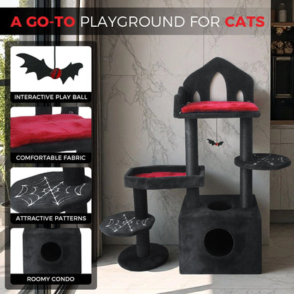 Black Gothic Cat Tree, Multi-Level Spooky Cat Tree with Scratching Posts, Perches, Hammock, and Cat Cave - Black Cat Tower for Indoor Cats with Interactive Toy, Perfect for Multiple Cats 44.5in