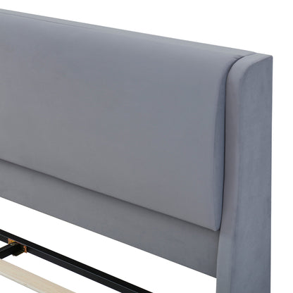 Queen Size Upholstered Platform Bed Frame with Dual Cat Caves, LED Lighted Pet Nests at Footboard, Gray
