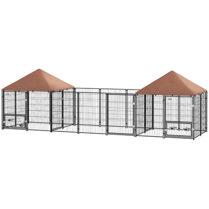 Large Outdoor Dog Kennel with 2 Rooms, Rotating & Adjustable Height Bowls, Waterproof & UV-Resistant Canopy