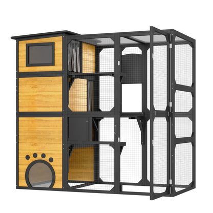 GO Large Cat Catio 4 Tiers Cat Enclosure For Outdoor, Cat House Weatherproof Attached To Window For Multiple Cats With Platforms And Resting Rooms, Brown