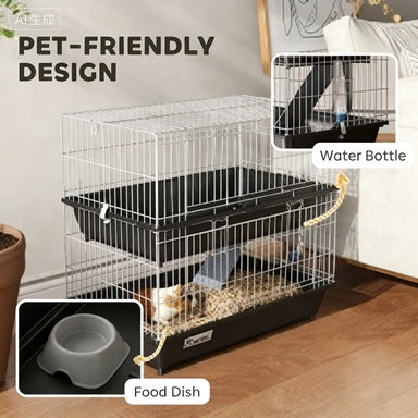 PawHut 2-Tier Small Animal Cage With 2 Doors, Trays, Dish, Bottle, And Ramp For Bunny, Ferret, Chinchilla, Black