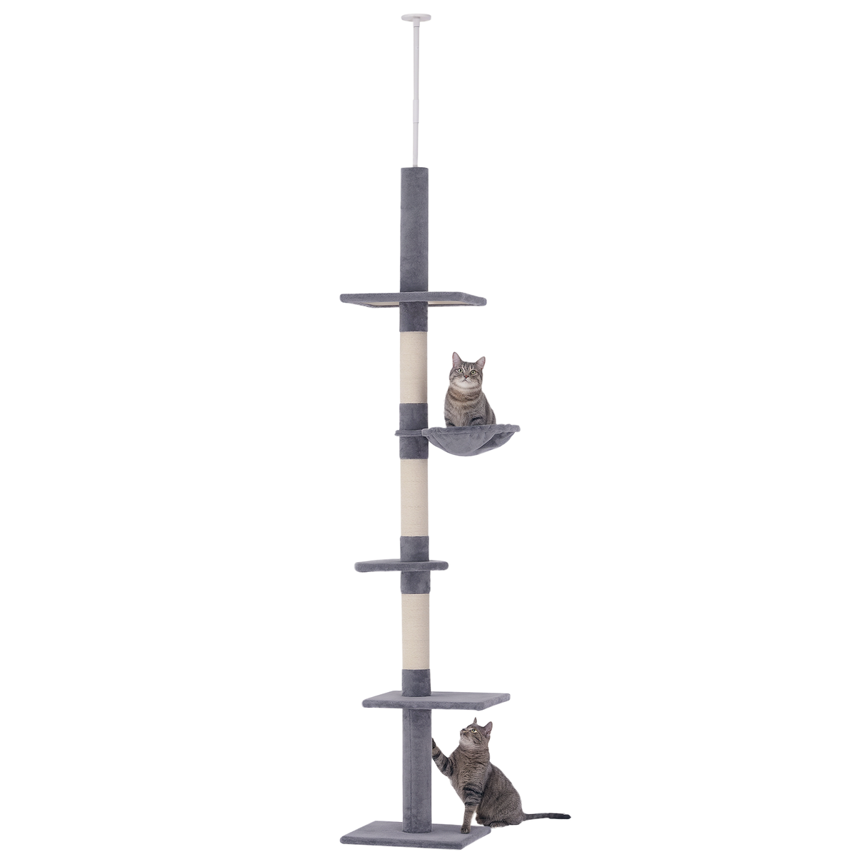 102" Adjustable Height Floor to Ceiling Cat Tree, 5 Level Cat Tower with Scratching Posts, Hammock, Gray