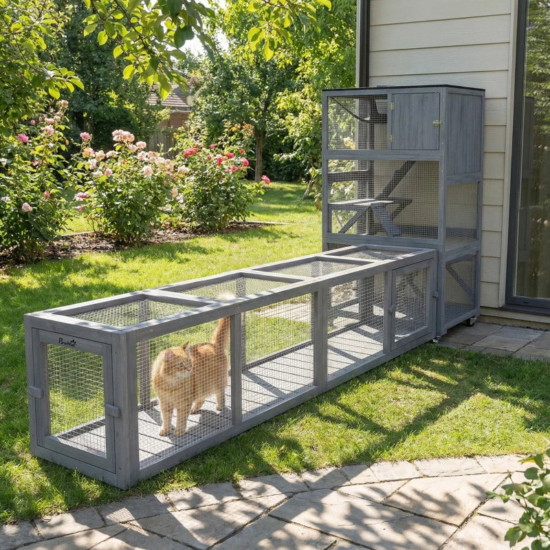 PawHut Wooden Cat Run With Weather Protection, Connecting Inside And Outside, Dark Gray