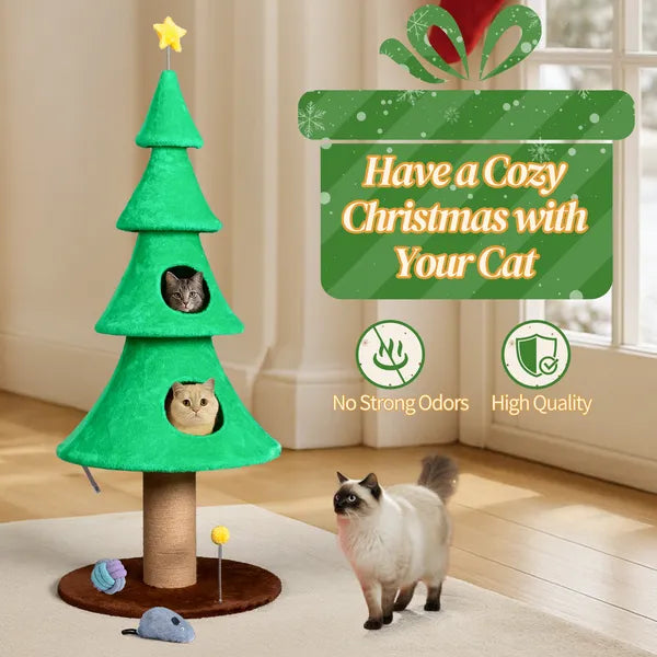 59in Large Tall Christmas Tree Cat Tower With 2 Cat Condos & Scratching Post, Soft Fleece Cat Tree With Teaser Toy & Sturdy Base & Built-in Openings For Indoor Cats, Green