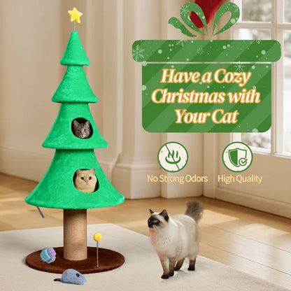 59in Large Tall Christmas Tree Cat Tower With 2 Cat Condos & Scratching Post, Soft Fleece Cat Tree With Teaser Toy & Sturdy Base & Built-in Openings For Indoor Cats, Green
