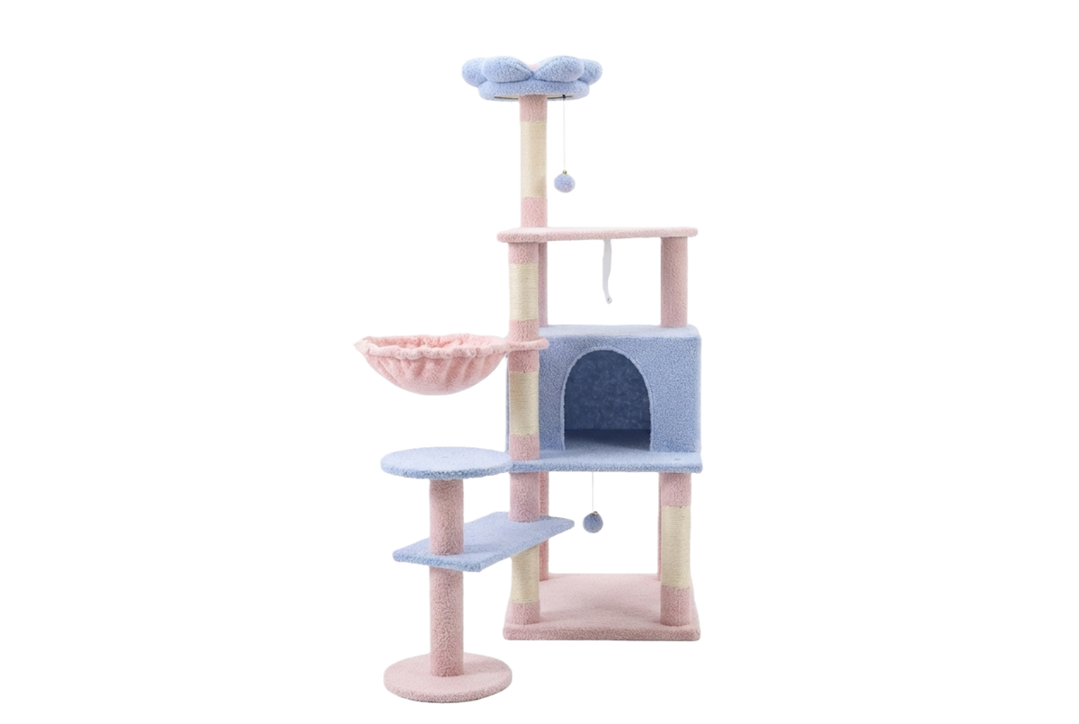 flower cat tree with large condo removable flower cushion and hammock blue