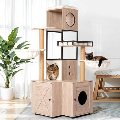 63" Multi-Functional Cat Tree with Litter Box - Includes Removable Washable Cushion, Scratching Posts & Toy Hanger, Modern Design, Rustic Gray