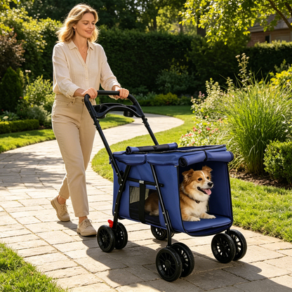 Pet Stroller, Foldable 4-Wheel Design, Breathable Mesh Dog Cat Stroller with Shockproof Wheels, Brake System, Storage Tray, 2 Fixed Safety Leashes, Large Space for Small Medium Pets, Navy Blue