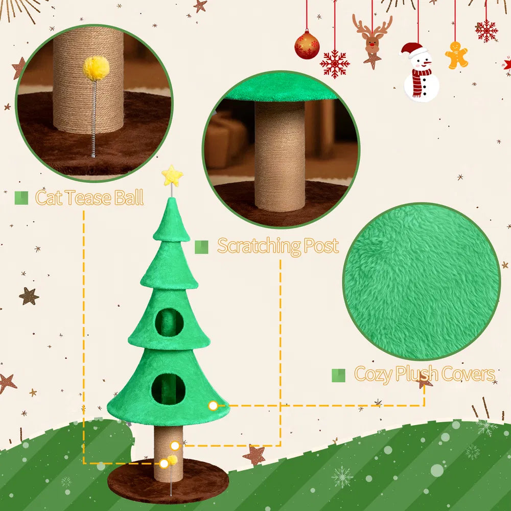 59in Large Tall Christmas Tree Cat Tower With 2 Cat Condos & Scratching Post, Soft Fleece Cat Tree With Teaser Toy & Sturdy Base & Built-in Openings For Indoor Cats, Green