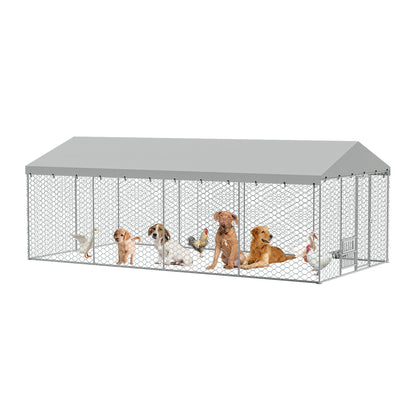 20x10 FT Large Outdoor Dog Kennel with Canopy, Heavy Duty Galvanized Steel Frame, Waterproof Cover, Built-in Elevated Feeding Bowls, Escape-Proof Lockable Pet Playpen for Large Dogs & Multiple Animal