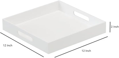 Glossy White Sturdy Acrylic Serving Tray with Handles-12x12 Inch-Serving Coffee,Appetizer,Breakfast,Butler-Kitchen Countertop Tray-Makeup Drawer Organizer-Vanity Table,Ottoman Tray-Decorative