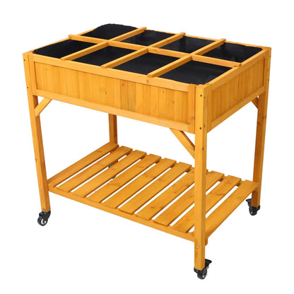 Elevated 8 Pocket Herb Garden Bed, Mobile Raised Customizable Wood Planter For Herbs, Vegetables, Flowers W/ Lockable Wheels, Storage Shelf, Drainage Holes