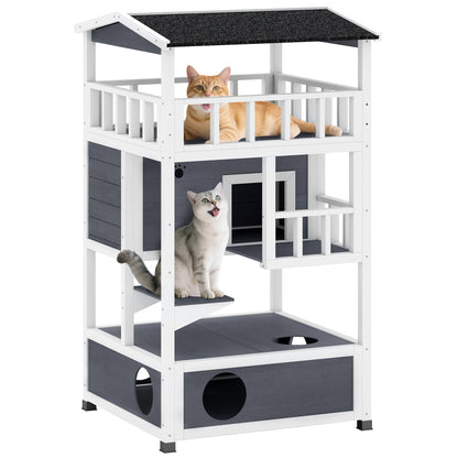 Wooden Outdoor Cat House, Feral Cat Shelter Kitten Condo with Asphalt Roof, Escape Doors, Condo, Jumping Platform, Gray