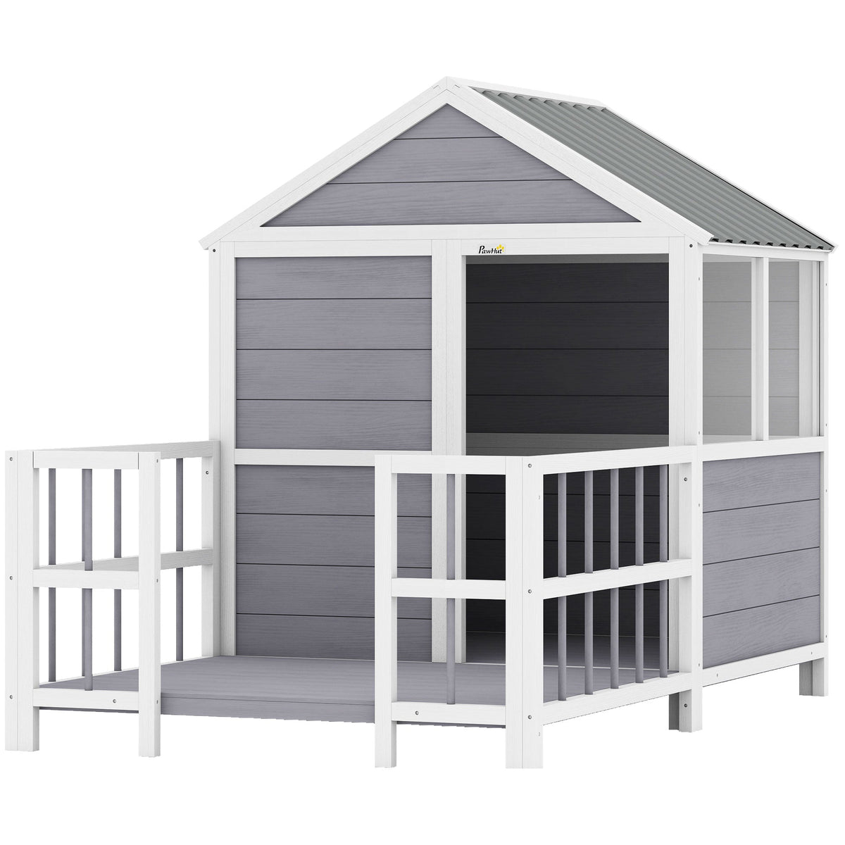 Outdoor Dog House, 61"L Wooden Dog House with Porch, Weatherproof Roof, Elevated Base, Air Vents & Observation Windows