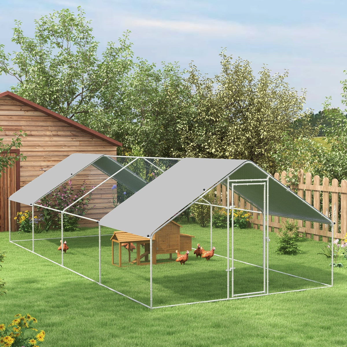 Large Chicken Coop Metal Chicken Run for Chickens with Waterproof and Anti-UV Cover, Spire Shaped Walk in Fence Cage Hen House for Outdoor and Yard Farm Use, 1.3" Dia, 9.8 x 26.2 x 6.4