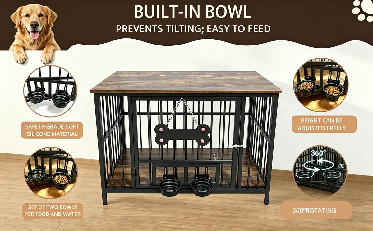 Vintage wood grain dog cage edge,360 degree rotating bowl with safety grade soft silicone material