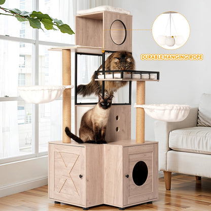 63" Multi-Functional Cat Tree with Litter Box - Includes Removable Washable Cushion, Scratching Posts & Toy Hanger, Modern Design, Rustic Gray
