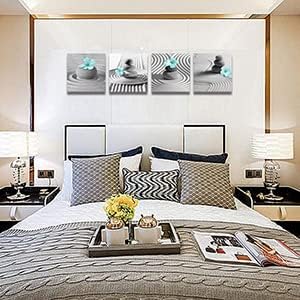 Yxbhhym Gray Wall Art Zen Wall Art Teal Floral Paintings Black and White Decor Zen Stone Sand Pebble Canvas Flower Artwork for Wall Home Decoration Bathroom Wall Decor 12''x12''x4pcs