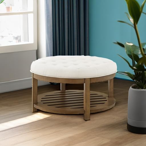 24KF Large Round Upholstered Tufted Linen Ottoman Coffee Table, Large Footrest Ottoman with Wood Shelf Storage-Ivory