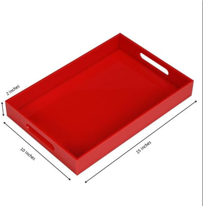 Sturdy Red Acrylic Serving Tray with Handles - 10x15Inch, Coffee, Appetizer, Breakfast, Butler Tray - Kitchen Countertop & Vanity Table Organizer
