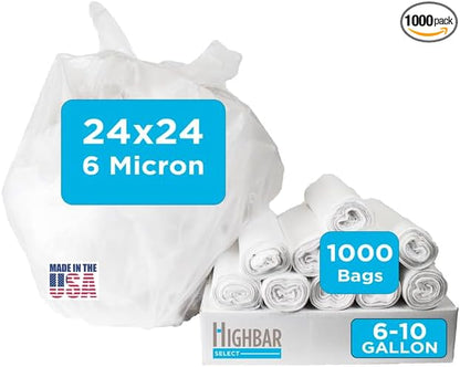 24" x 24" Clear Trash Bags, 6-10 Gallon Trash Bag, 1000 Count, 6 Micron, Value Pack, For Lightweight Trash for Small Wastebaskets, For Home and Office Use