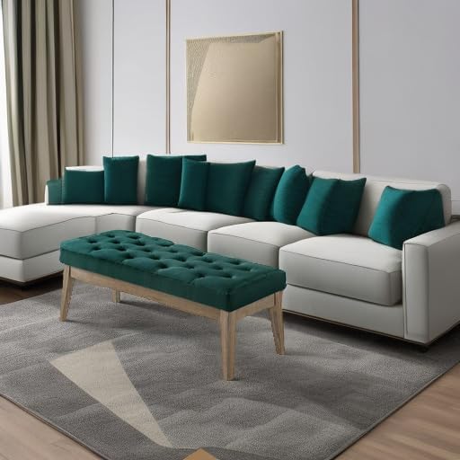 24KF Velvet Upholstered Buttons Tufted Entryway Bench with Solid Wood Leg,Bed Bench Ottoman with Padded Seat,5034-Jade