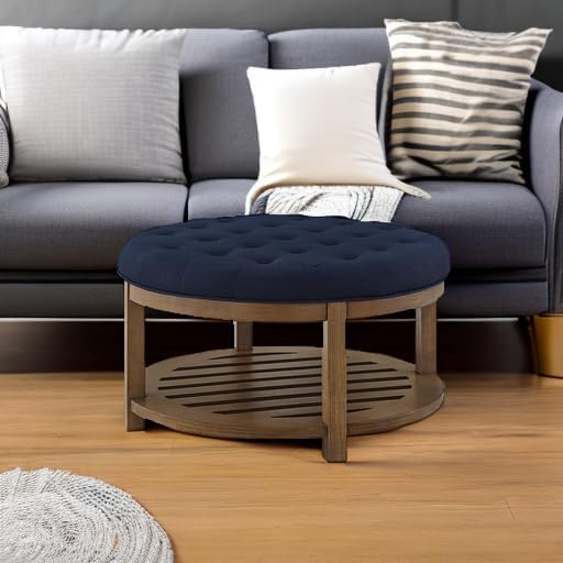 24KF Large Round Upholstered Tufted Linen Ottoman Coffee Table, Large Footrest Ottoman with Wood Shelf Storage- Navy Blue