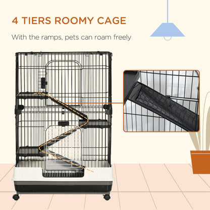 32"L 4-Level Small Animal Cage Rabbit Hutch with Universal Lockable Wheels, Slide-out Tray for Bunny, Chinchillas, Ferret, Black