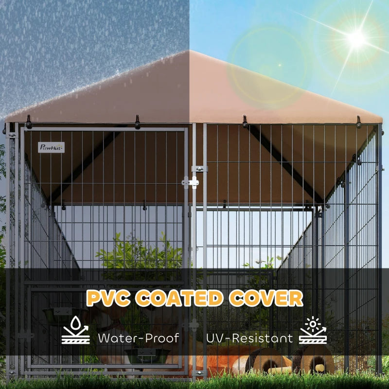 Large Outdoor Dog Kennel With Rotating & Adjustable Height Bowls, Waterproof & UV-Resistant Canopy