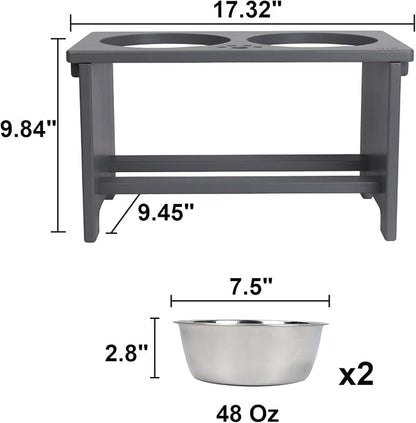 HTB Elevated Dog Bowl Stand with 2 Stainless Steel Bowls-10 H Large Grey | Raised Dog Bowl Stand, 10"tall, 48 Oz Bowls, for Large Sized Dogs, Pet-safe, Solid Bamboo