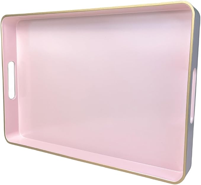 Pink Coffee Table Tray, Decorative Serving Tray with Handles, Plastic Rectangular Tray for Ottoman, Bathroom, Living Room. 15.7"*10.2"