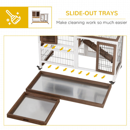 Wooden Rabbit Hutch Elevated Bunny Cage Indoor Small Animal Habitat with Enclosed Run with Wheels, Ramp, Removable Tray for Rabbits, Chickens, Ducks, Guinea Pigs, Brown