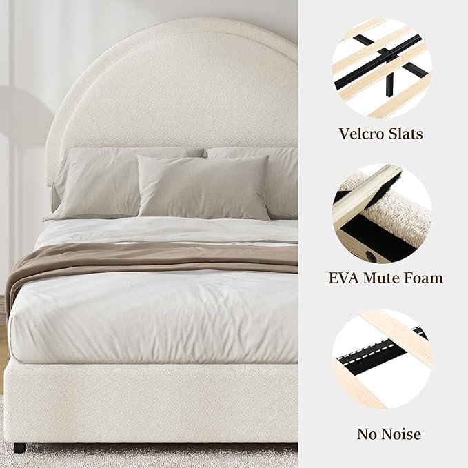 King Size Bed Frame with Round Headboard, Boucle Upholstered Bed with Round Headboard, Soft Arch Shaped Modern Style, No Box Spring Required, Easy Assembly, White