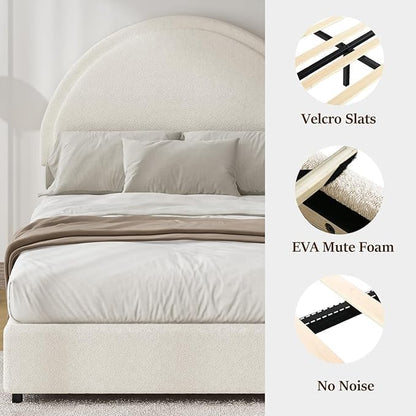 King Size Bed Frame with Round Headboard, Boucle Upholstered Bed with Round Headboard, Soft Arch Shaped Modern Style, No Box Spring Required, Easy Assembly, White