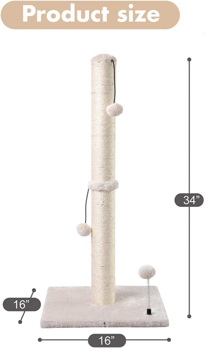 MECOOL 34” Tall Cat Scratching Post Premium Basics Kitten Scratcher Sisal Scratch Posts Trees with Hanging Ball for Indoor Cats, Beige