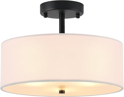 12.6" Semi Flush Mount Ceiling Light Fixture, 3-Light Black Drum Flush Mount Light Fixtures with White Fabric Shade, Modern Close to Ceiling Lights for Living Room Bedroom Hallway Entryway Foyer