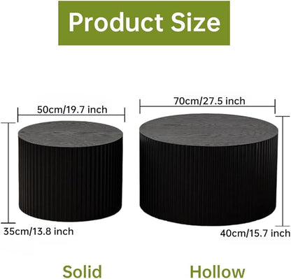 Round Nesting Coffee Table Set of 2, Round Fluted Coffee Tables for Living Room Modern Nesting End Side Tables for Small Spaces (D Black)