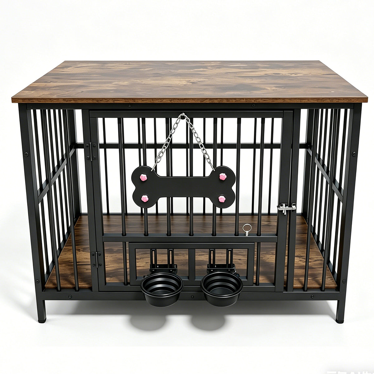 Vintage wood grain dog cage edge,360 degree rotating bowl with safety grade soft silicone material
