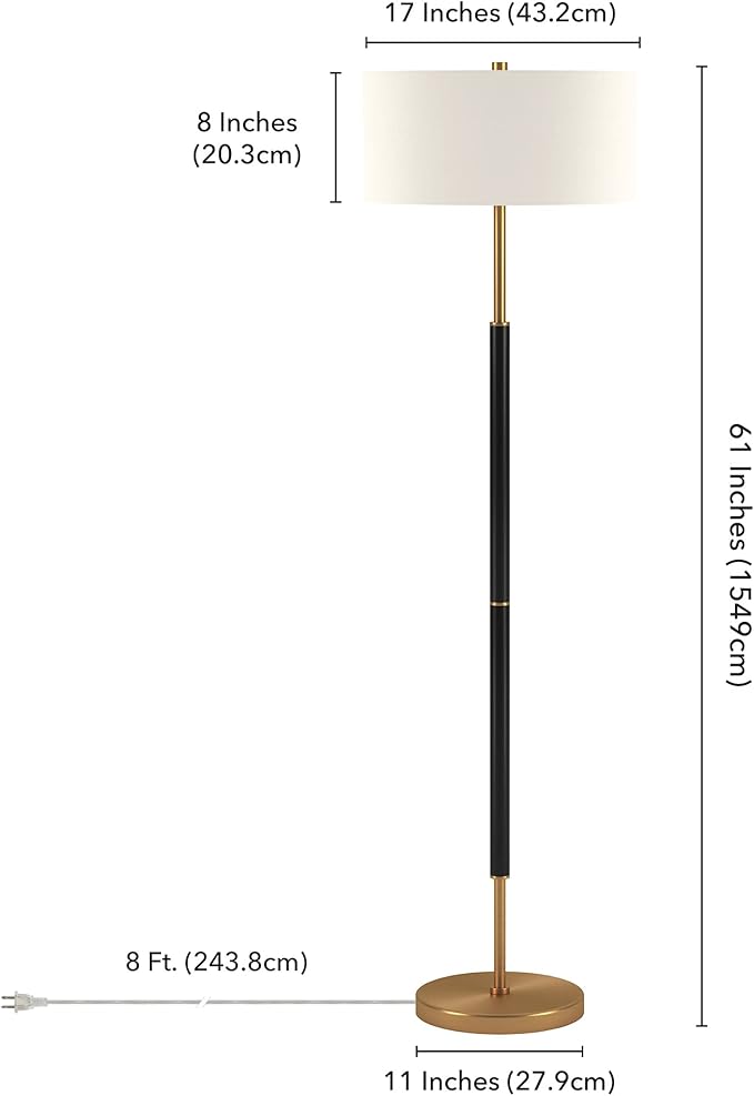 Henn&Hart 2-Light Floor Lamp with Fabric Shade in Matte Black/Brass/White, Floor Lamp for Home Office, Bedroom, Living Room, 61" Tall