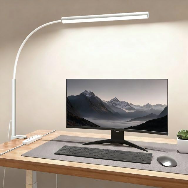 LED Desk Lamp with Clamp, Eye-Protection Clip on Desk Lamp, 5 Modes 10 Brightness Adjustment, 360°Flexible Gooseneck Lamp for Home Office, Lamps with USB Adapter，White
