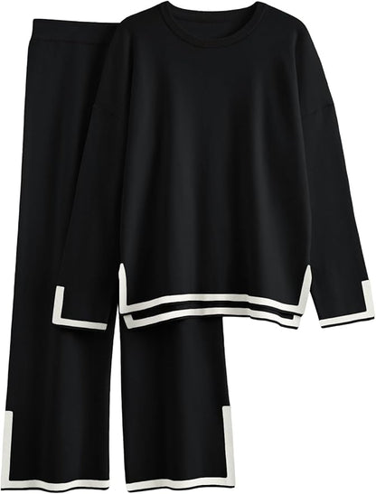 LILLUSORY Women Fall 2 Piece Lounge Set Outfits Sweatsuits Long Sleeve Sweater Tops Wide Leg Pants