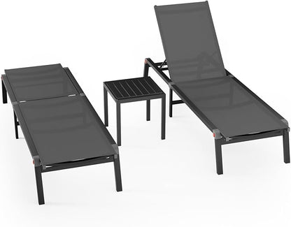 WOAJNQO Aluminum Patio Chaise Lounge Chair Set of 2 with Side Table,5-Position Adjustable Backrest,Foldable Lounge Chair Outdoor,Pool Lounge Chairs for Poolside,Lawn,Deck,Beach (Grey, 2 Pack+Table)